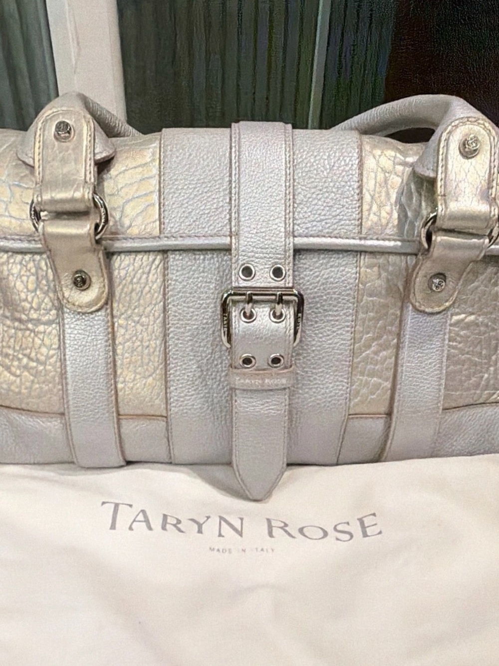 Taryn Rose Metallic Silver Leather Satchel